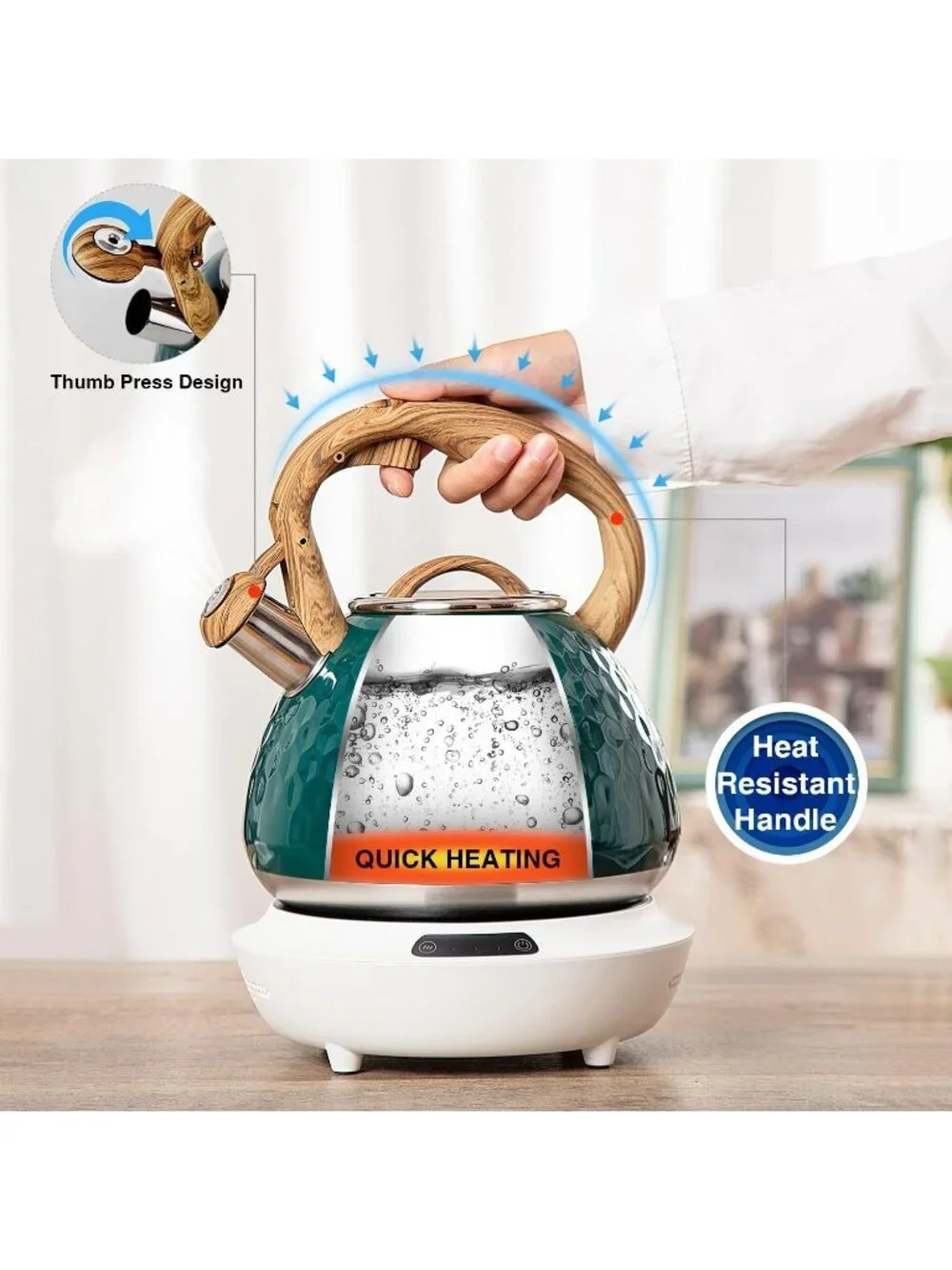 Green Kitchen Whistling Tea Kettle 2.7QT Stainless Steel Diamond Design Stovetop
